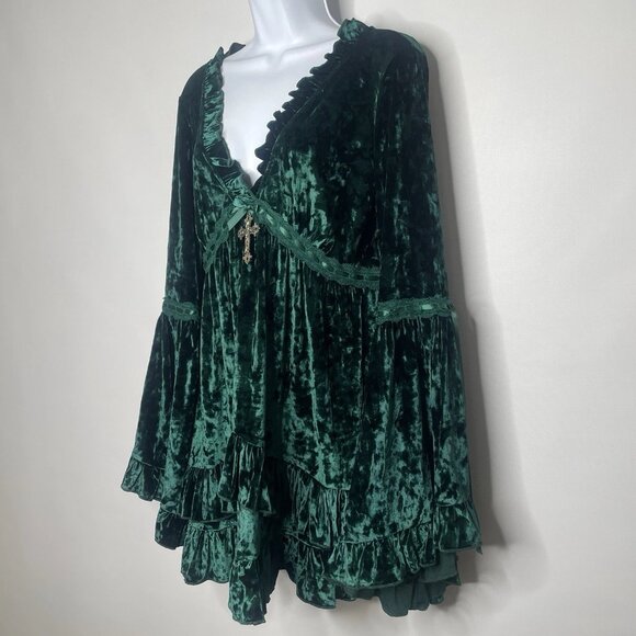 Dolls Kill House of Widow Real Divinity Velvet Mini Dress Size L Emerald Green - Picture 7 of 8